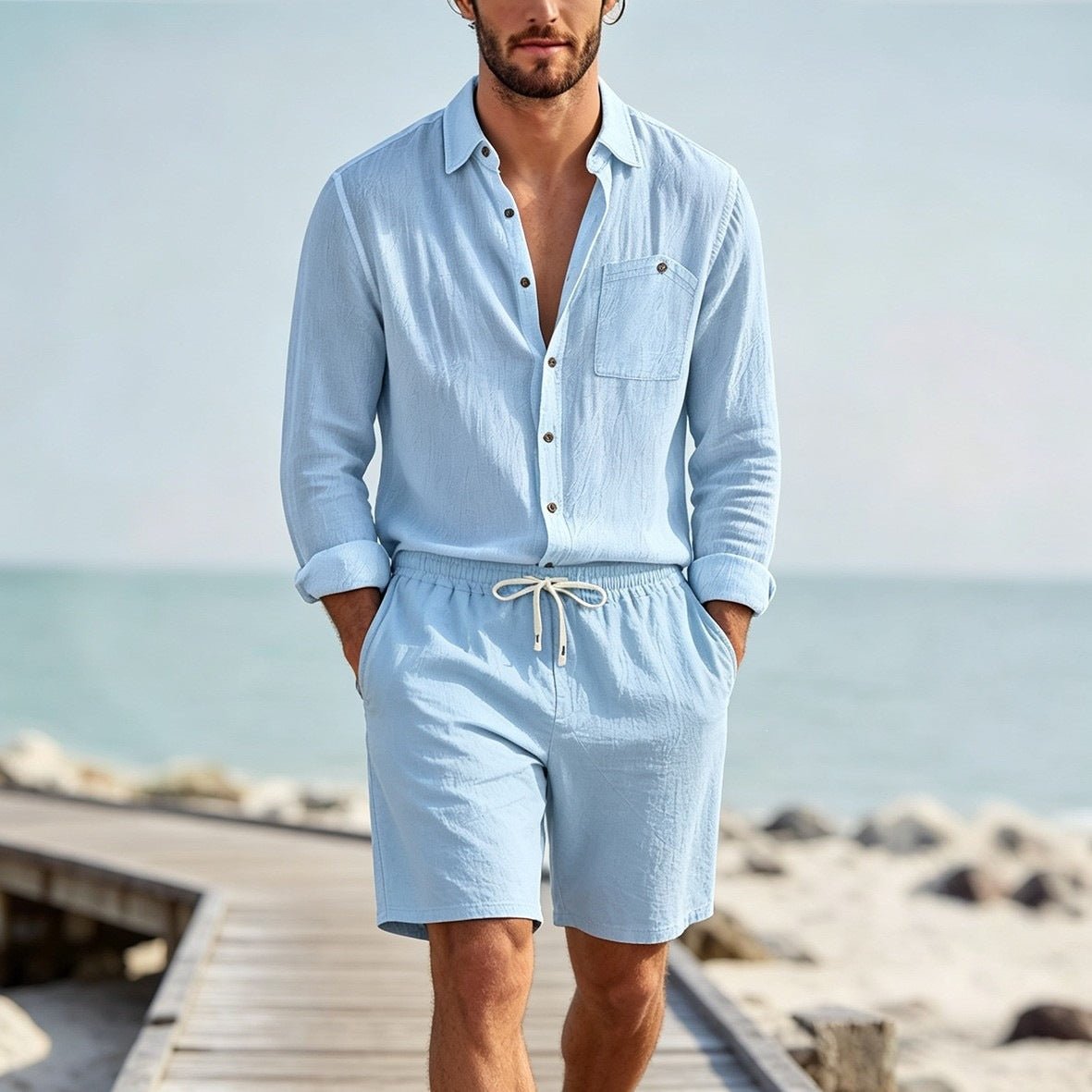 Conjunto Lino Hombre | Cárdigan Manga Larga y Shorts Casual - Irina Shop