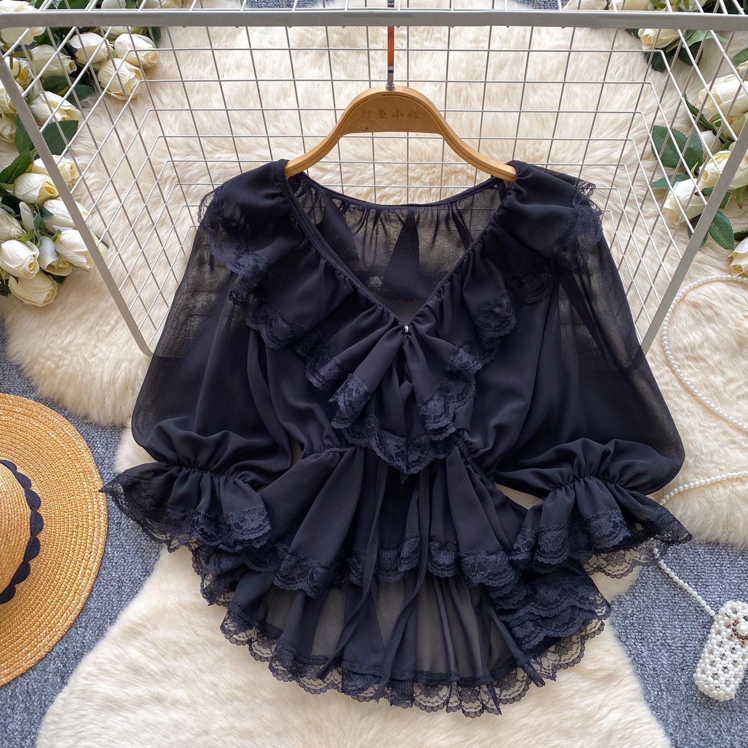 Blusa Mujer Cuello V Encaje Estilo Francés