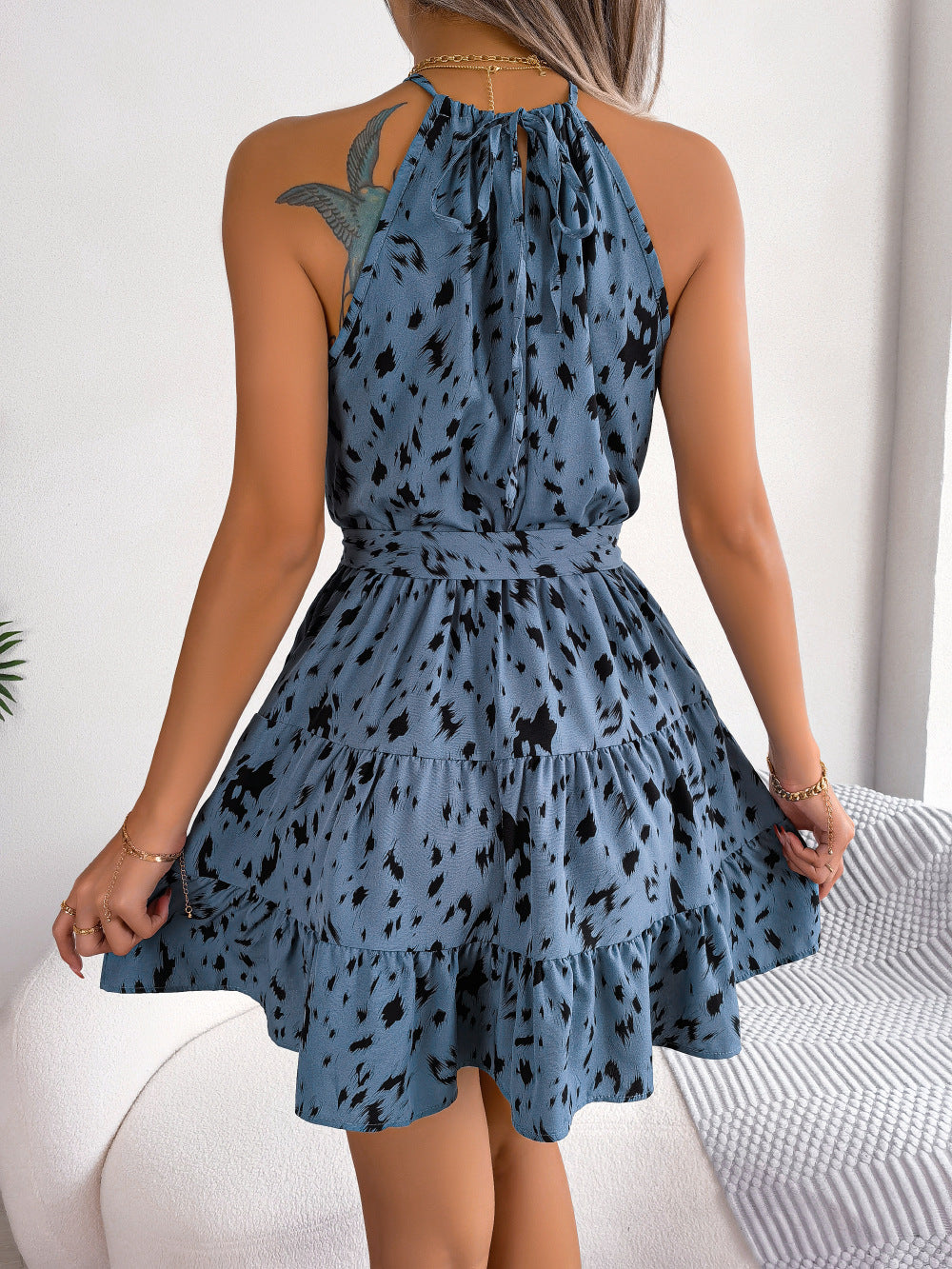 Vestido Corto Mujer Estampado Leopardo Volantes Chiffon