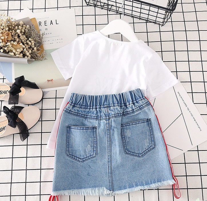 Conjunto Niña Verano - Camiseta Blanca y Falda Vaquera