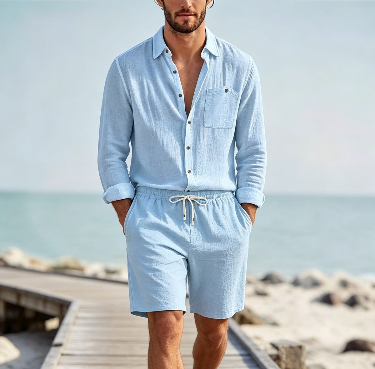 Conjunto Lino Hombre | Cárdigan Manga Larga y Shorts Casual - Irina Shop