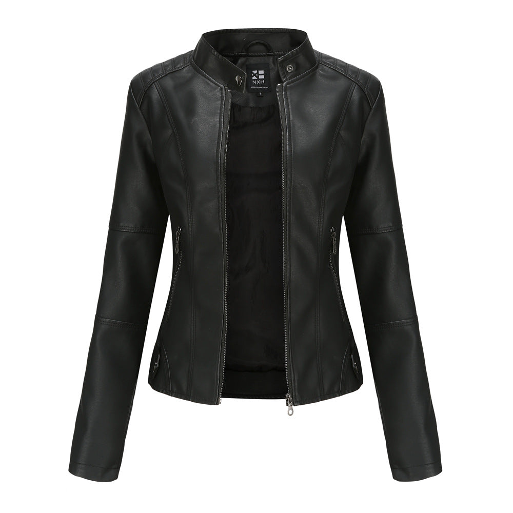 Chaqueta Cuero Mujer Cremallera Cuello Alto Color Liso