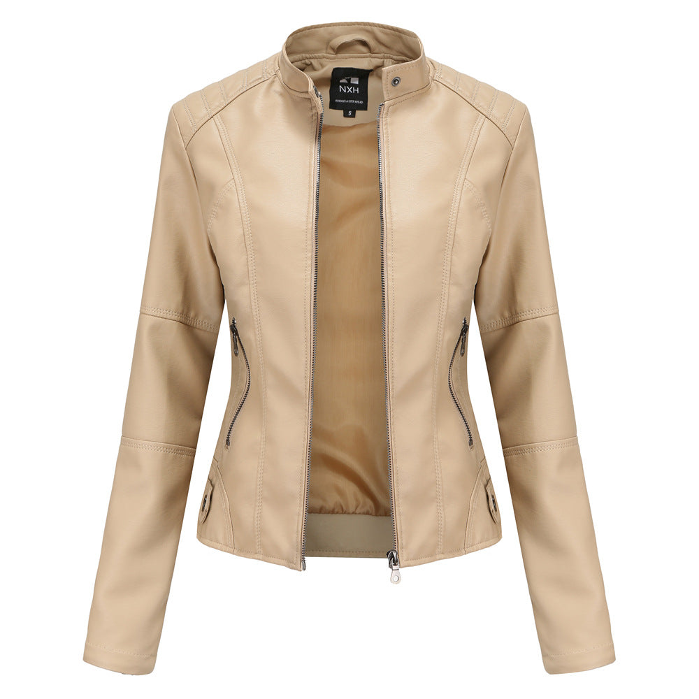 Chaqueta Cuero Mujer Cremallera Cuello Alto Color Liso