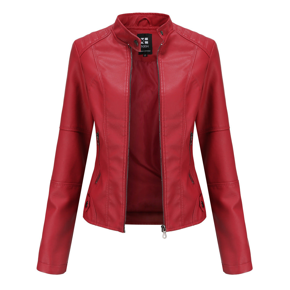 Chaqueta Cuero Mujer Cremallera Cuello Alto Color Liso
