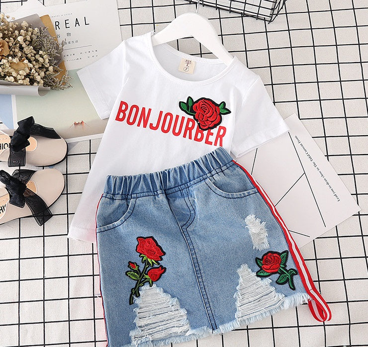 Conjunto Niña Verano - Camiseta Blanca y Falda Vaquera
