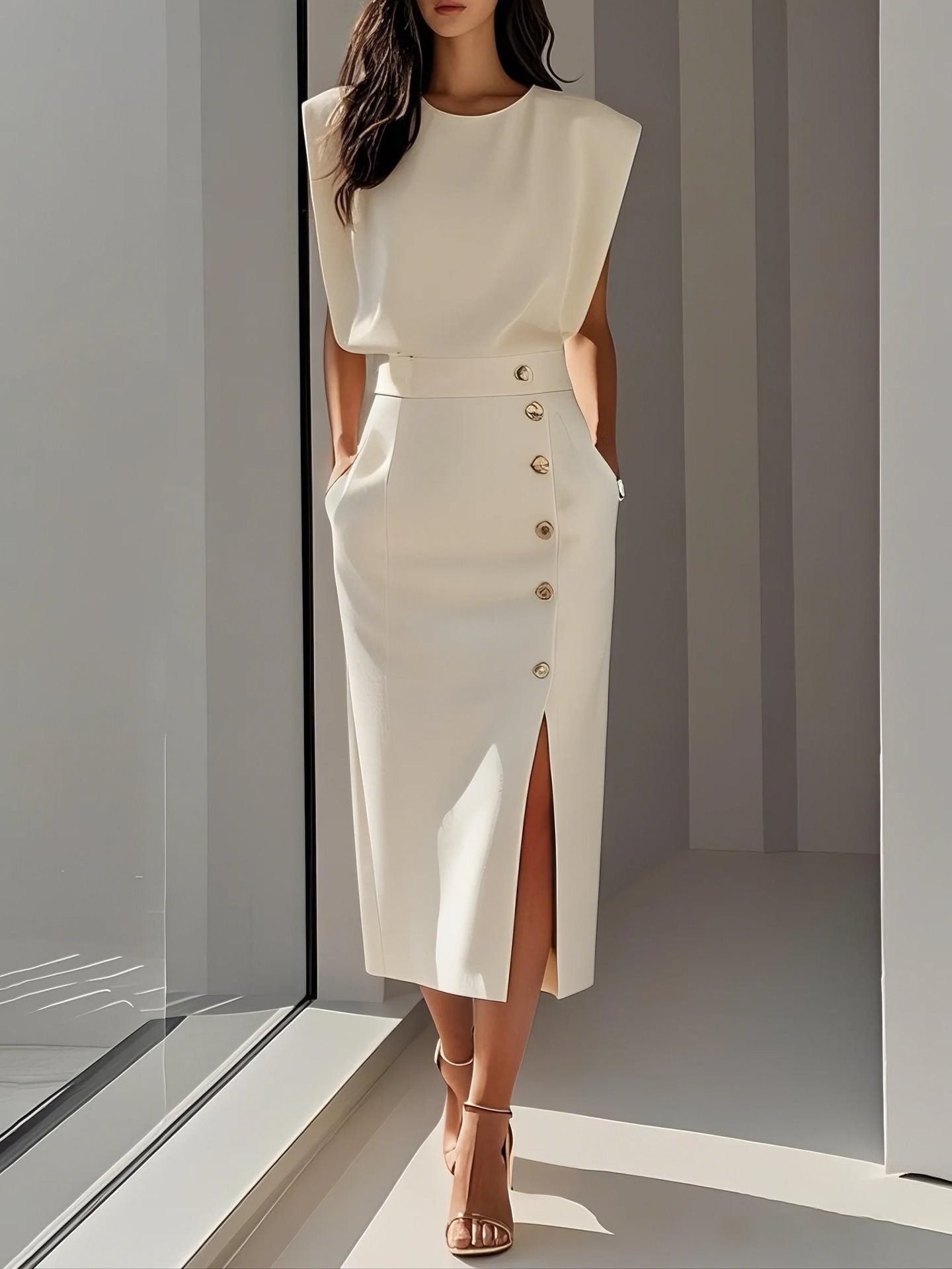Vestido Verano Mujer Midi Sin Mangas Botones Casual