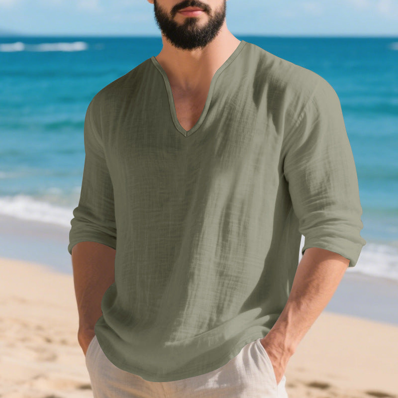 Camisa Lino Hombre Manga Larga Cuello V - Corte Holgado y Transpirable