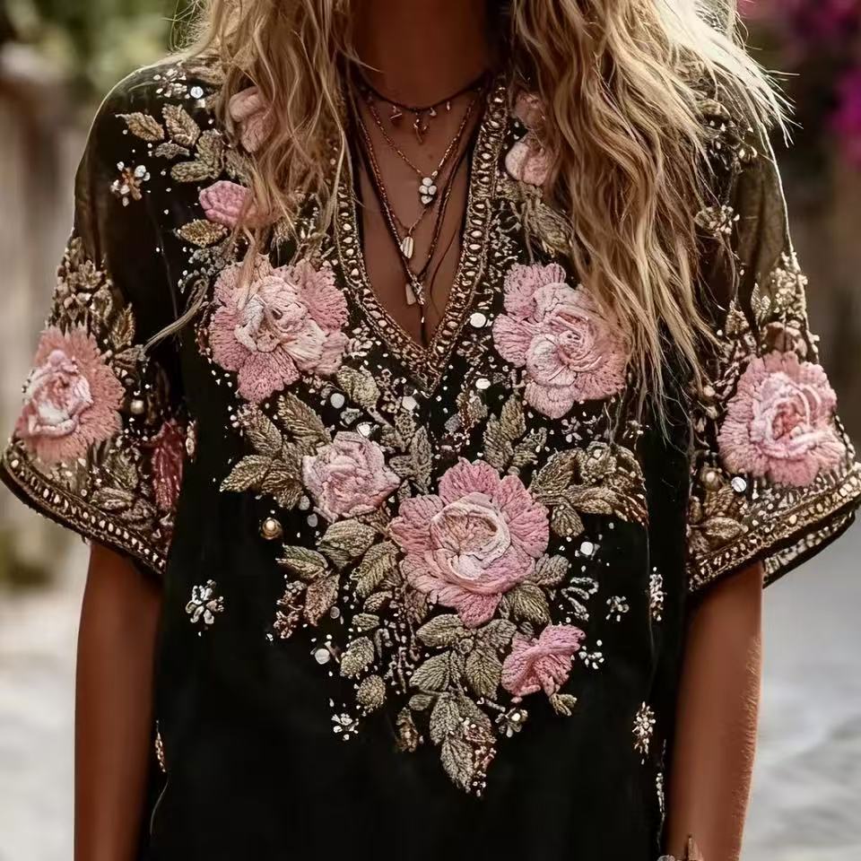 Top Mujer Manga Corta Hombros Caídos — Diseño Jacquard - Irina Shop