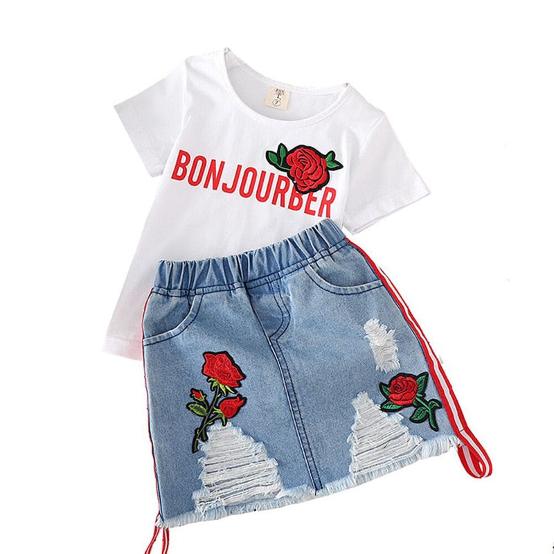 Conjunto Niña Verano - Camiseta Blanca y Falda Vaquera