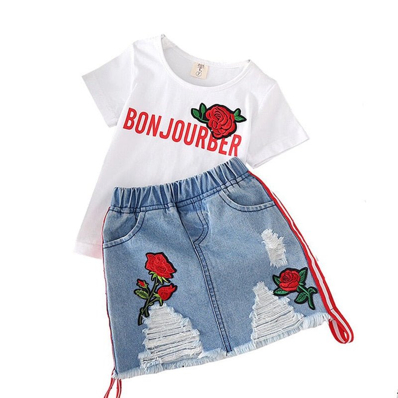 Conjunto Niña Verano - Camiseta Blanca y Falda Vaquera - Irina Shop