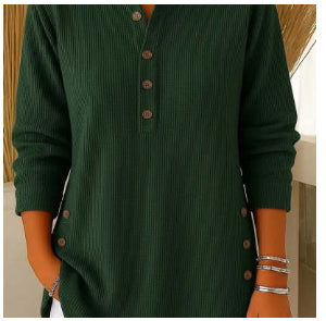 Jersey Mujer Cuello V Botones Manga Larga | Color Liso