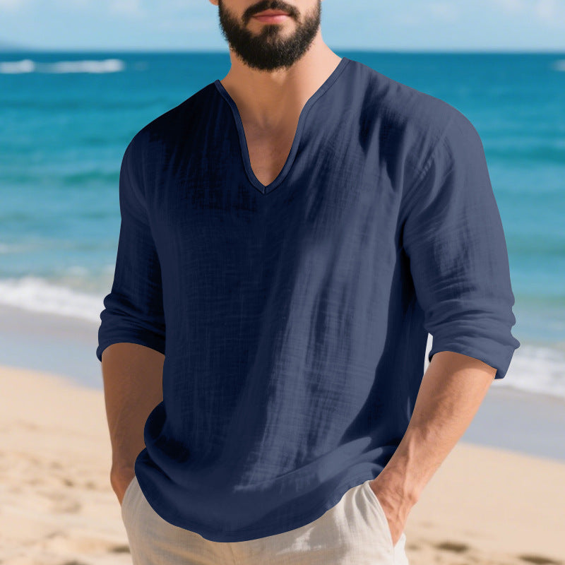 Camisa Lino Hombre Manga Larga Cuello V - Corte Holgado y Transpirable