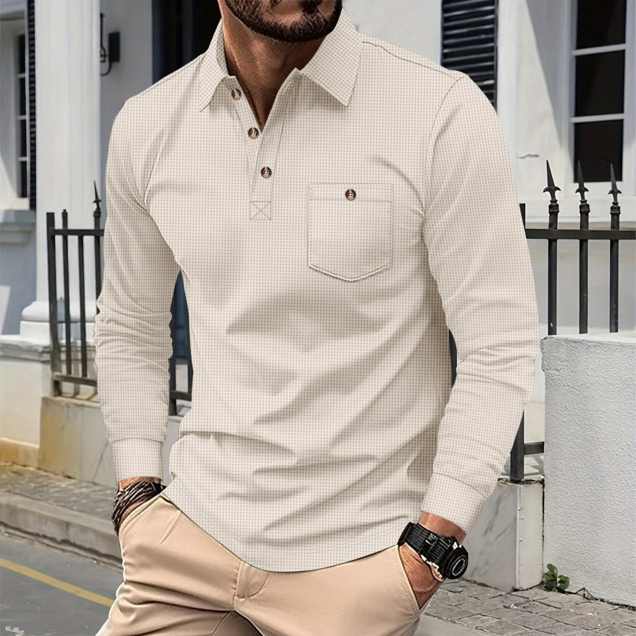 Camisa Waffle Hombre Manga Larga | Algodón Transpirable 6 Colores