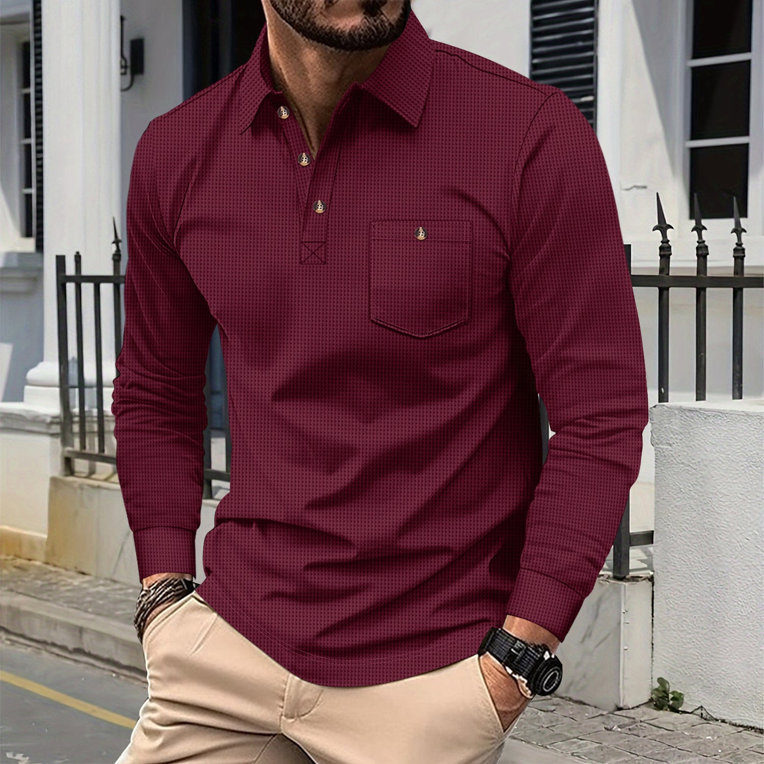 Camisa Waffle Hombre Manga Larga | Algodón Transpirable 6 Colores