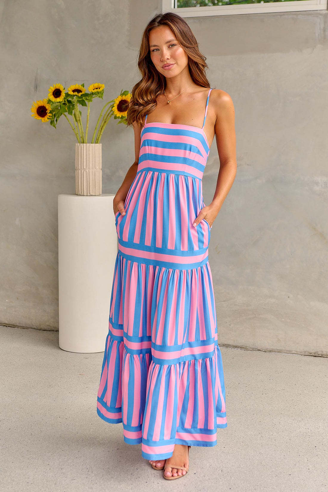 Vestido Largo Tirantes Mujer Estampado con Bolsillos
