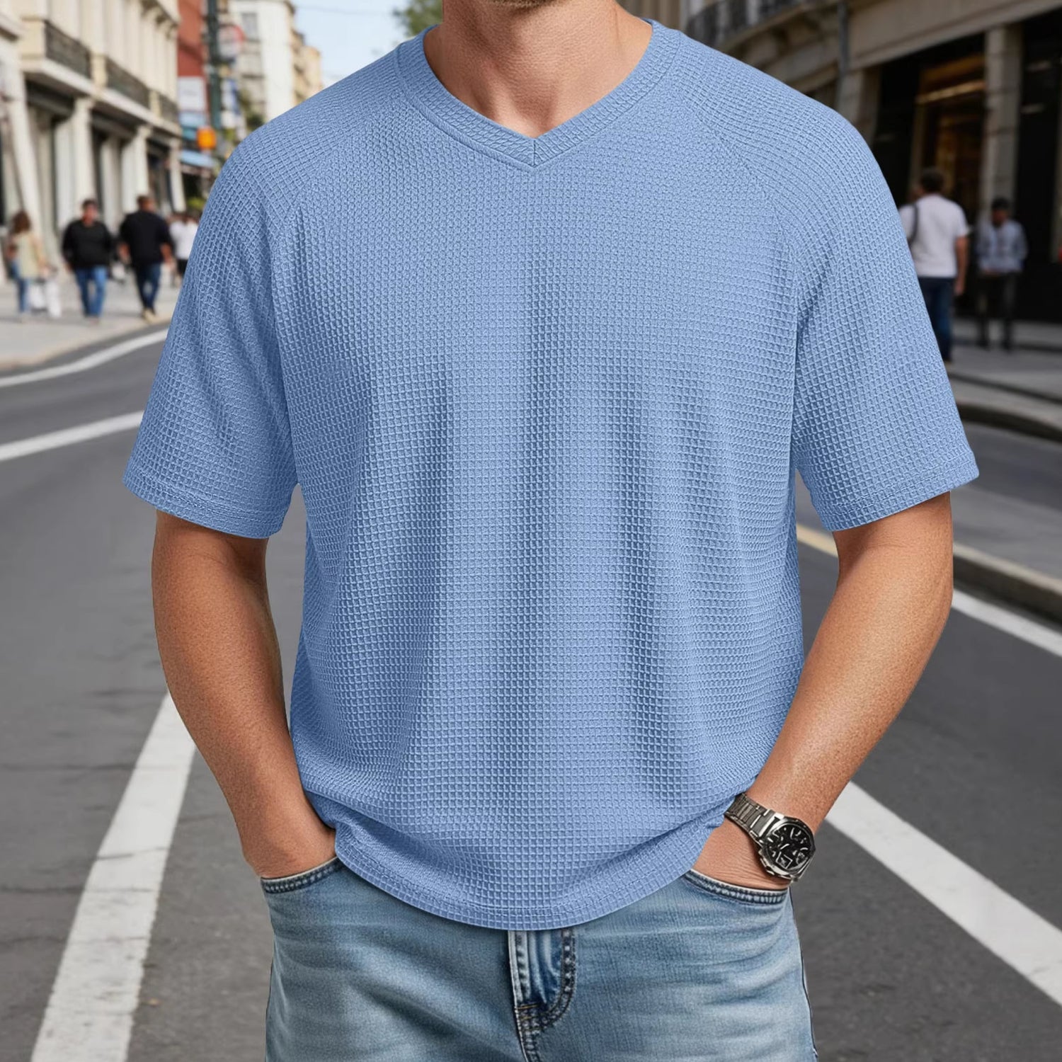 Camiseta Hombre Manga Corta Cuello V Waffle