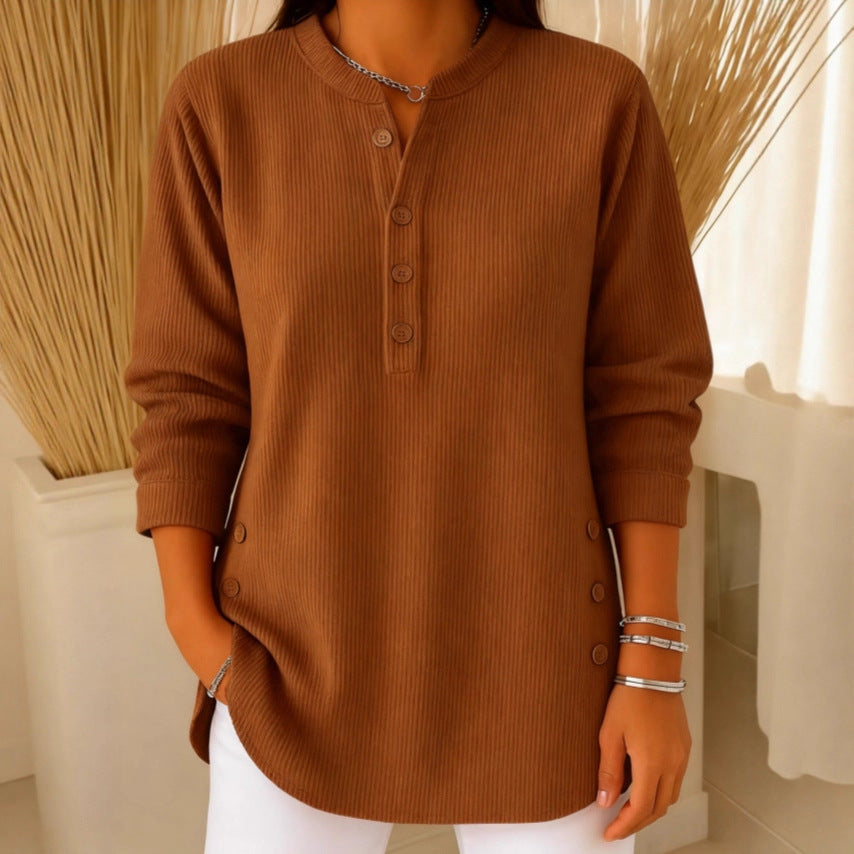 Jersey Mujer Cuello V Botones Manga Larga | Color Liso