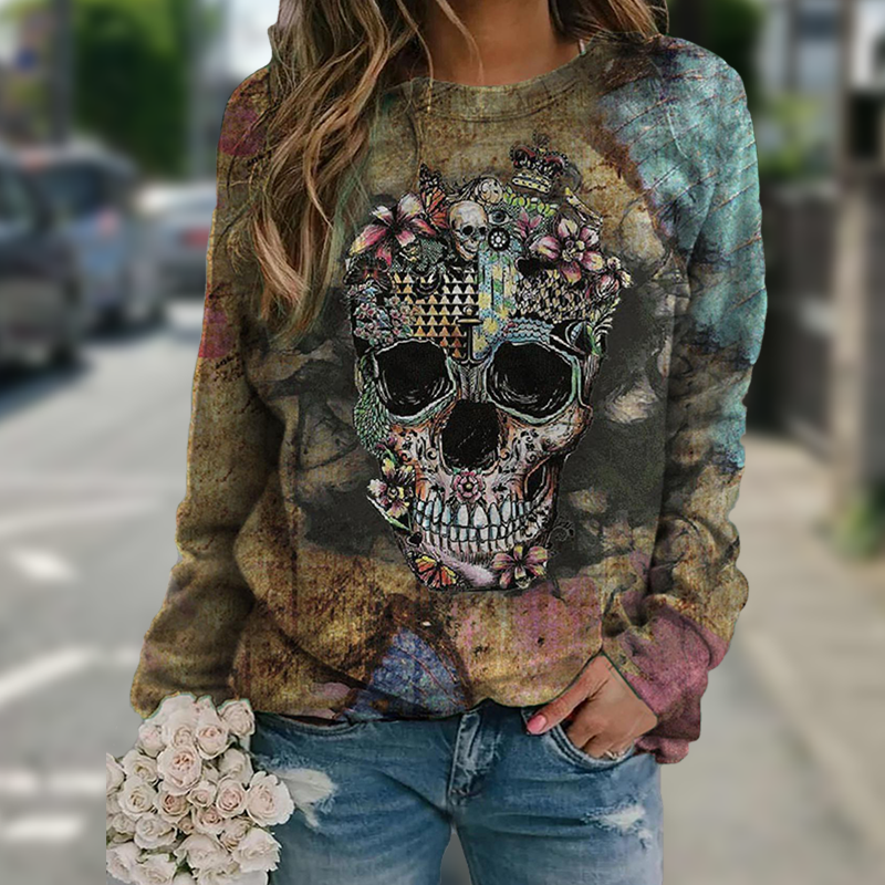 Sudadera Mujer Manga Larga Estampado Calaveras - Negro
