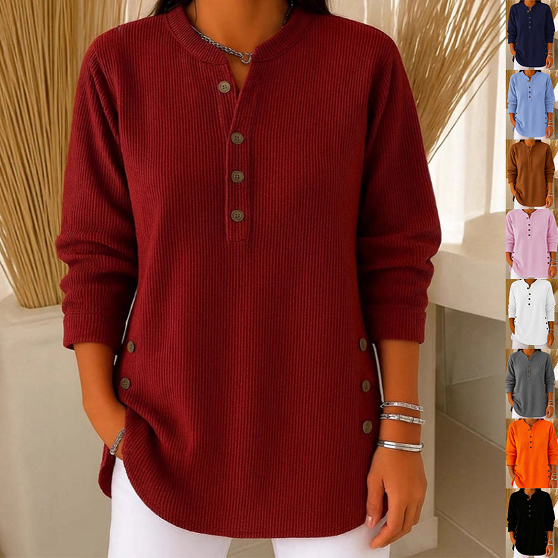 Jersey Mujer Cuello V Botones Manga Larga | Color Liso