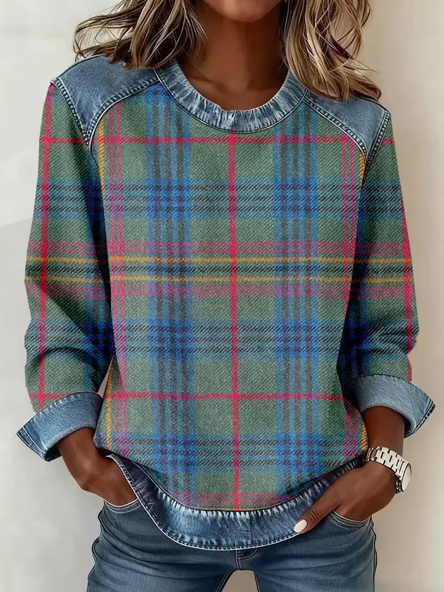 Sudadera Patchwork Denim Cuello Redondo | Moda Única