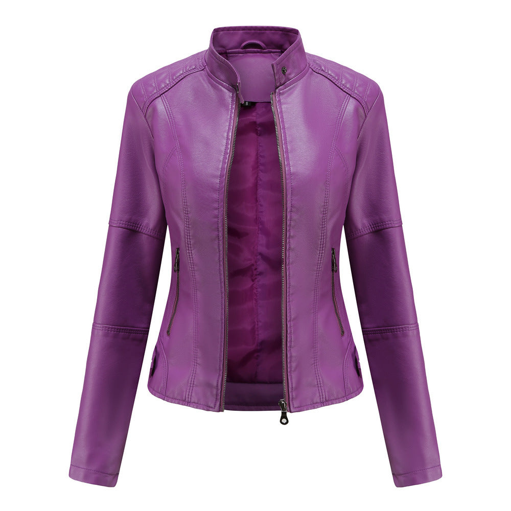 Chaqueta Cuero Mujer Cremallera Cuello Alto Color Liso