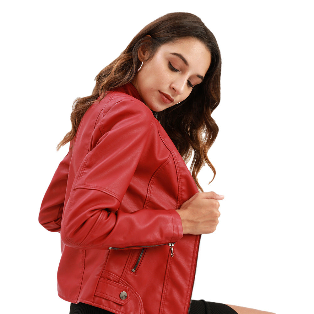 Chaqueta Cuero Mujer Cremallera Cuello Alto Color Liso