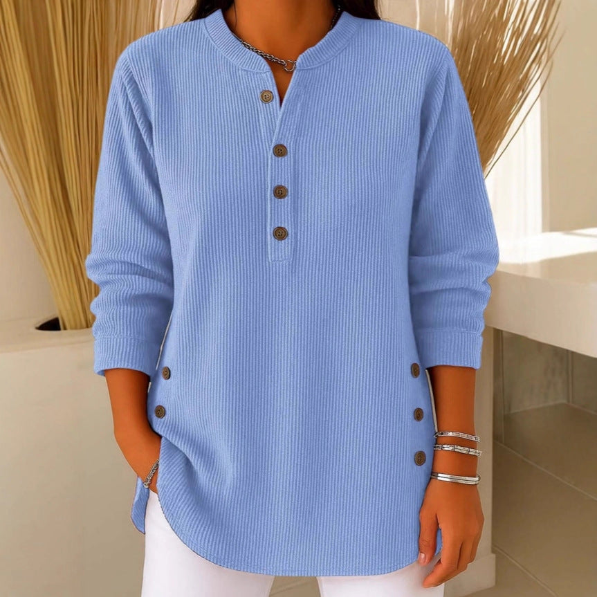 Jersey Mujer Cuello V Botones Manga Larga | Color Liso