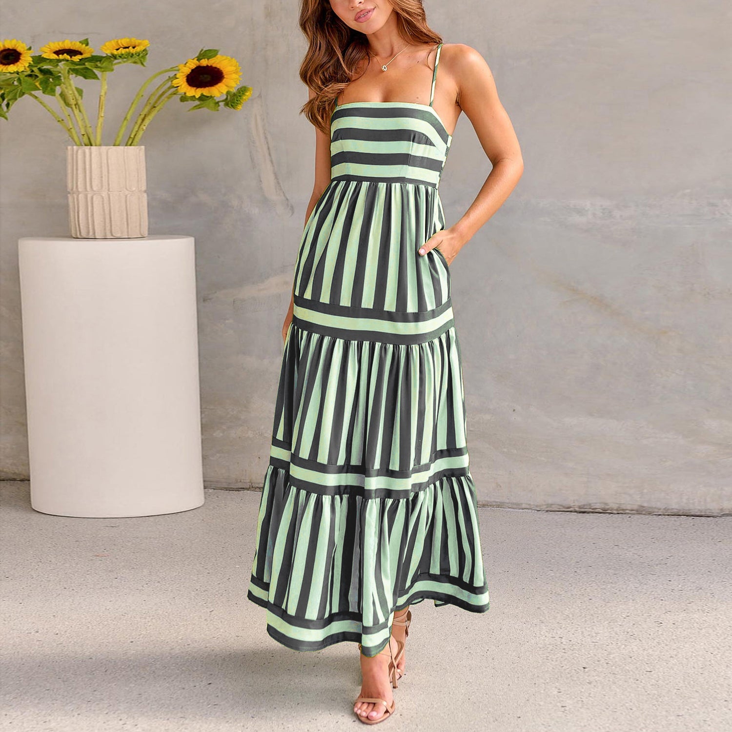 Vestido Largo Tirantes Mujer Estampado con Bolsillos