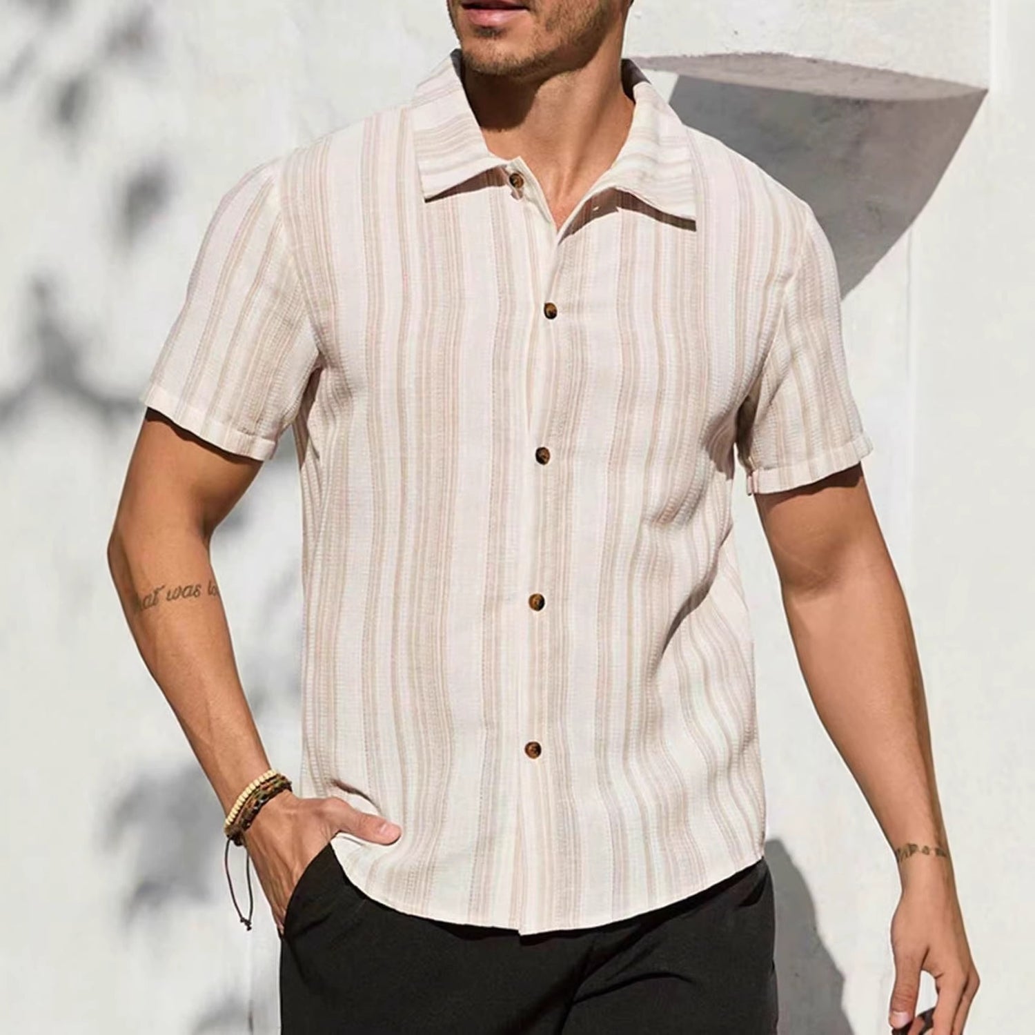 Camisa Hombre Manga Corta Vintage Rayas Casual Estilo Americano