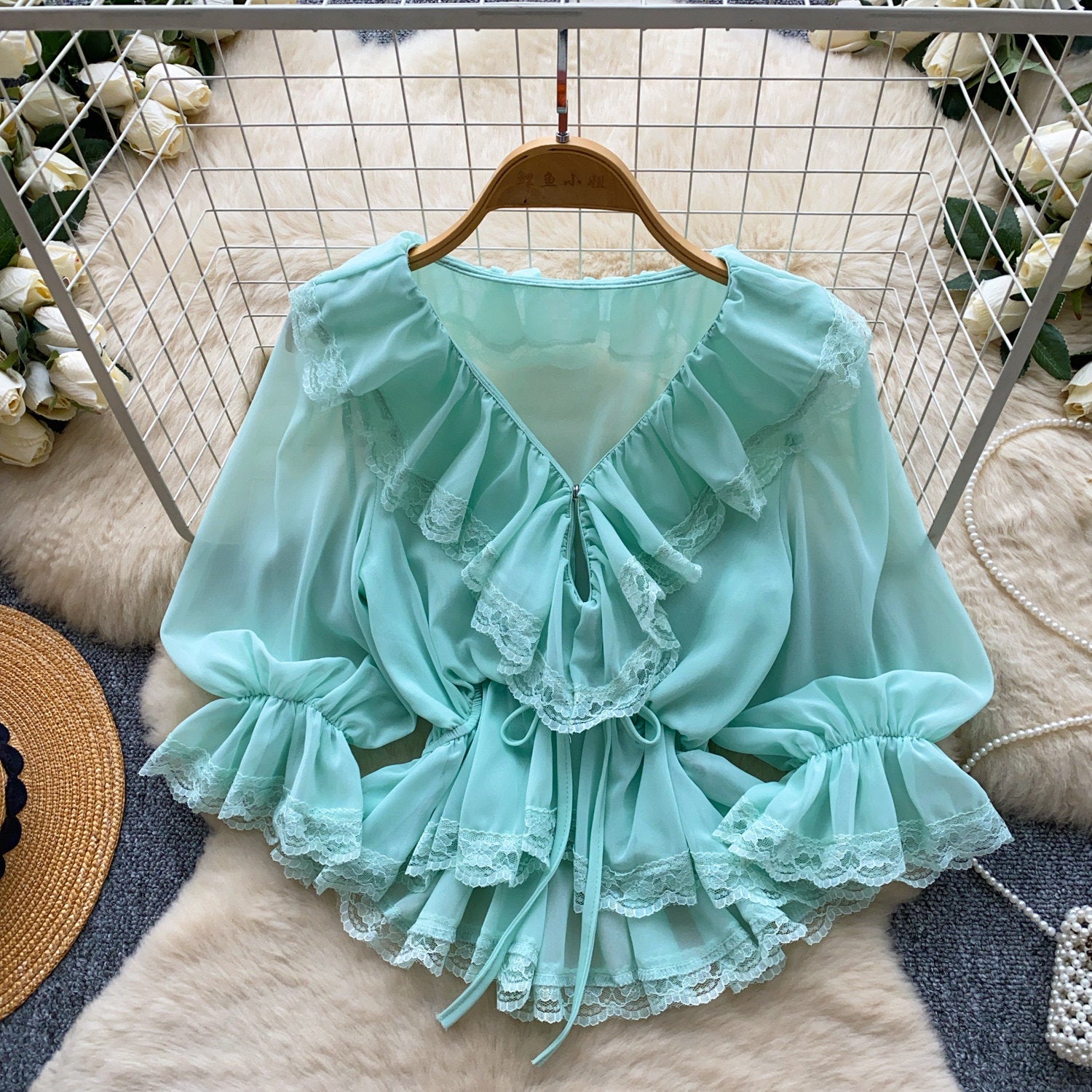 Blusa Mujer Cuello V Encaje Estilo Francés