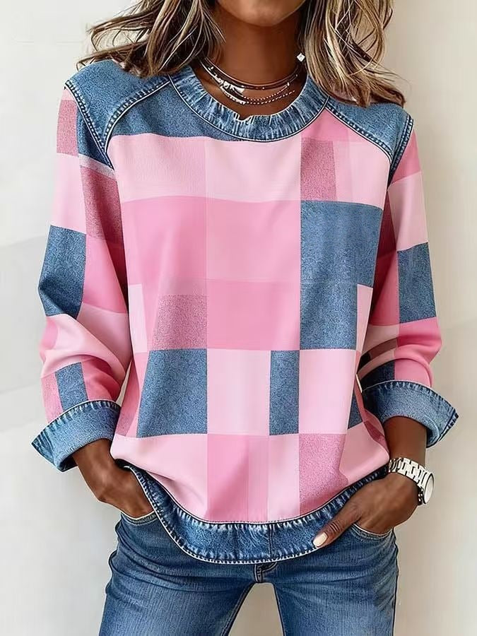Sudadera Patchwork Denim Cuello Redondo | Moda Única