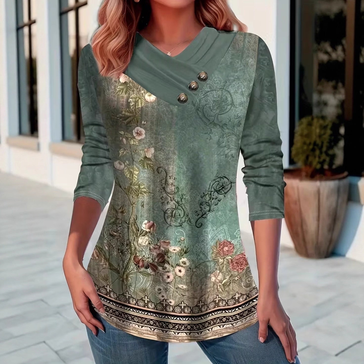 Sudadera Mujer Manga Larga Capucha Botones Estampado Floral