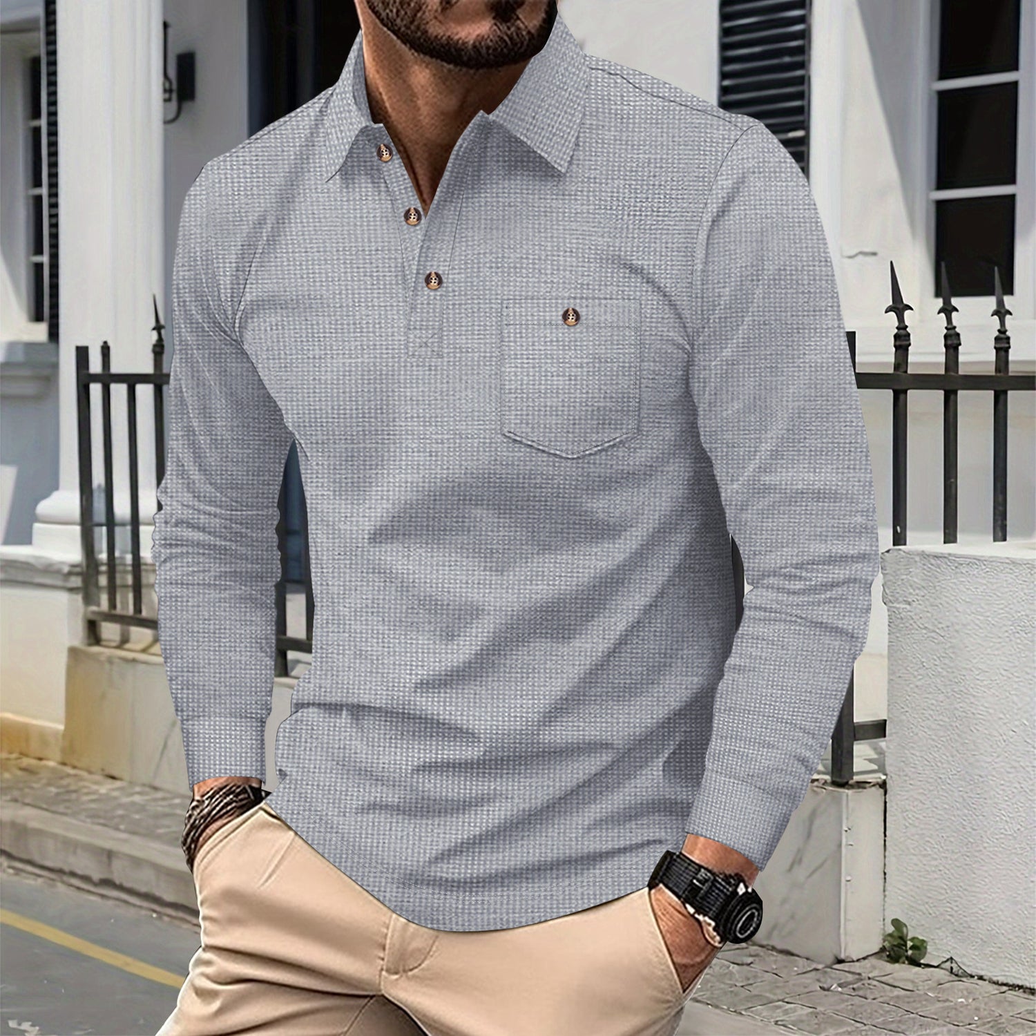 Camisa Waffle Hombre Manga Larga | Algodón Transpirable 6 Colores