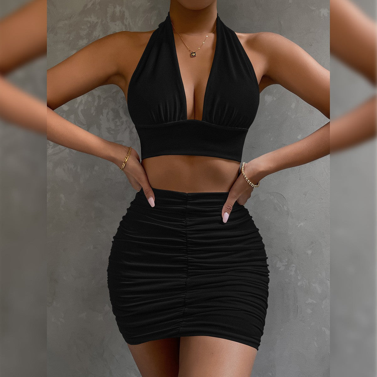 Conjunto Dos Piezas Mujer Halter Top y Falda Plisada