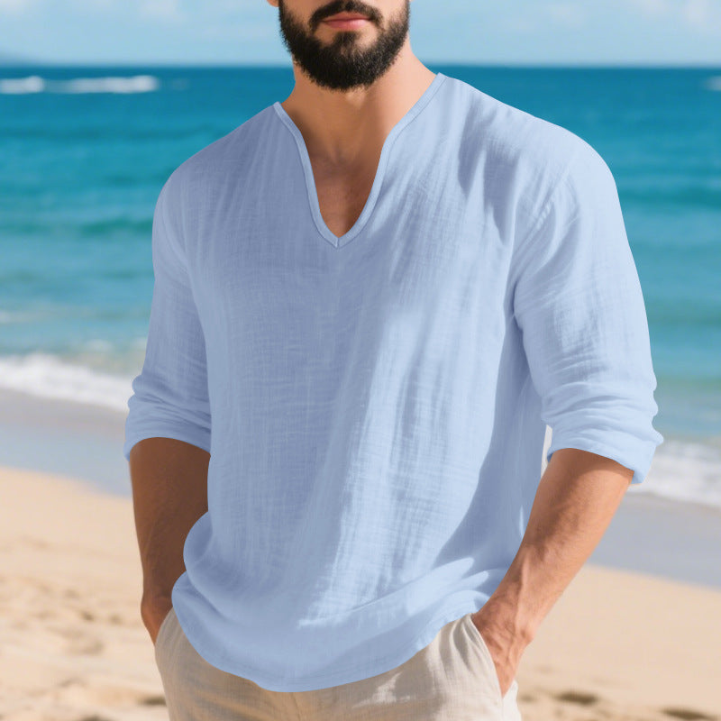 Camisa Lino Hombre Manga Larga Cuello V - Corte Holgado y Transpirable