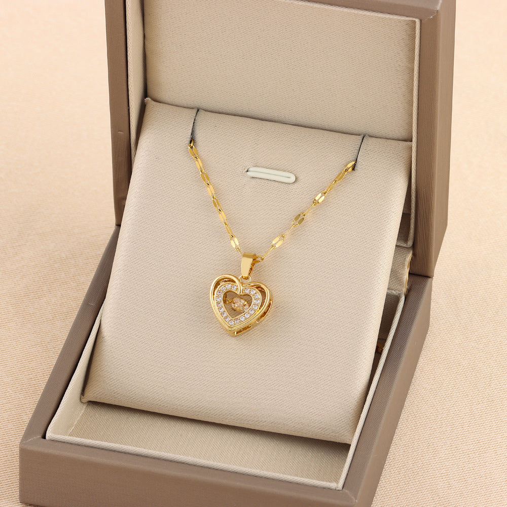 Collar Doble Capa Corazon Rhinestones Acero Titanio Mujer