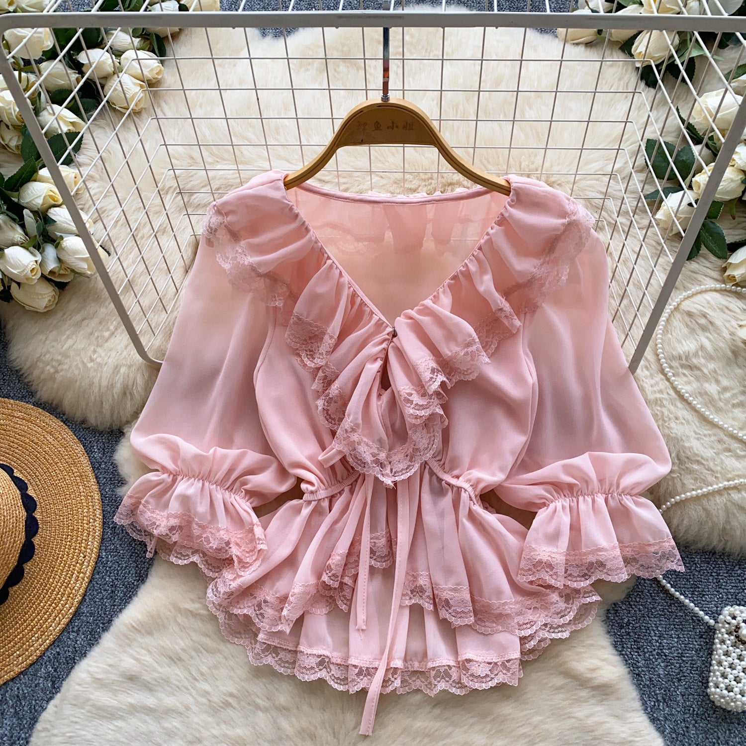 Blusa Mujer Cuello V Encaje Estilo Francés