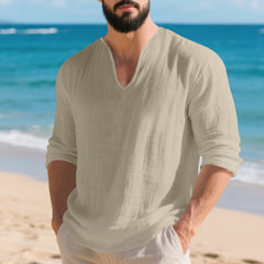 Camisa Lino Hombre Manga Larga Cuello V - Corte Holgado y Transpirable