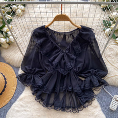 Blusa Mujer Cuello V Encaje Estilo Francés