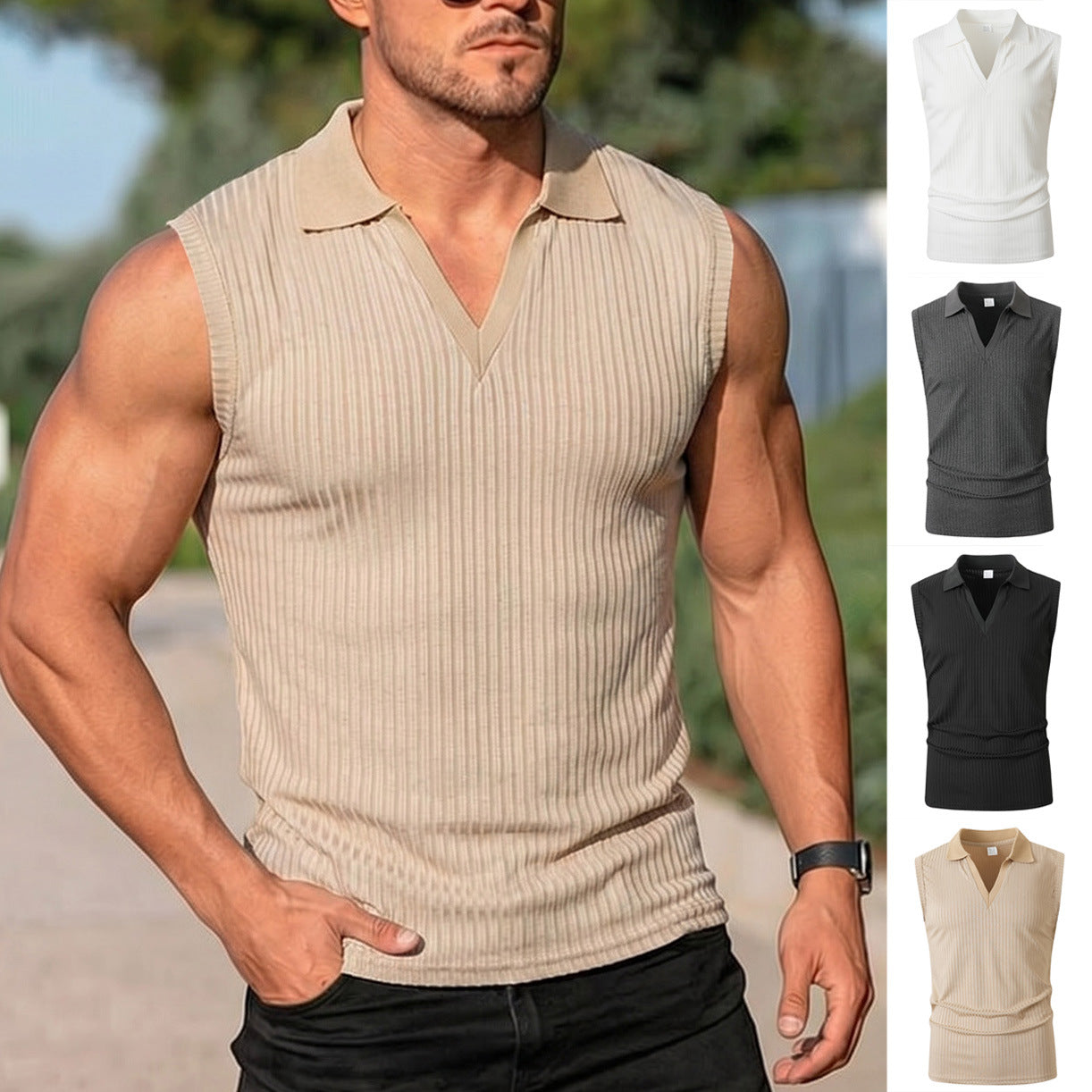 Chaleco Hombre Polo Rayas Verticales | Slim Fit Sin Mangas