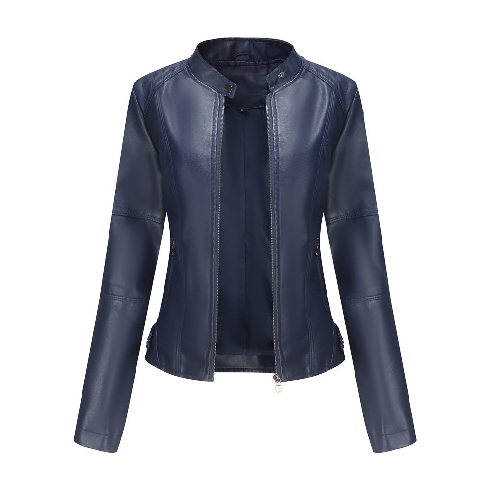 Chaqueta Cuero Mujer Cremallera Cuello Alto Color Liso