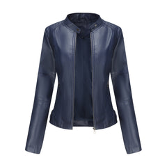 Chaqueta Cuero Mujer Cremallera Cuello Alto Color Liso