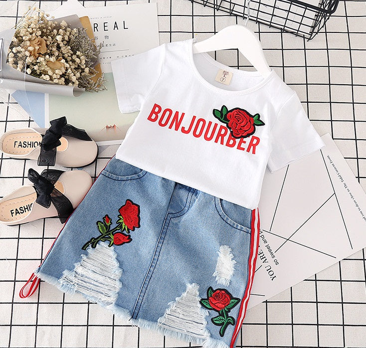 Conjunto Niña Verano - Camiseta Blanca y Falda Vaquera