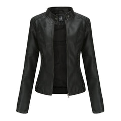 Chaqueta Cuero Mujer Cremallera Cuello Alto Color Liso