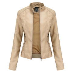 Chaqueta Cuero Mujer Cremallera Cuello Alto Color Liso