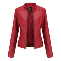 Chaqueta Cuero Mujer Cremallera Cuello Alto Color Liso