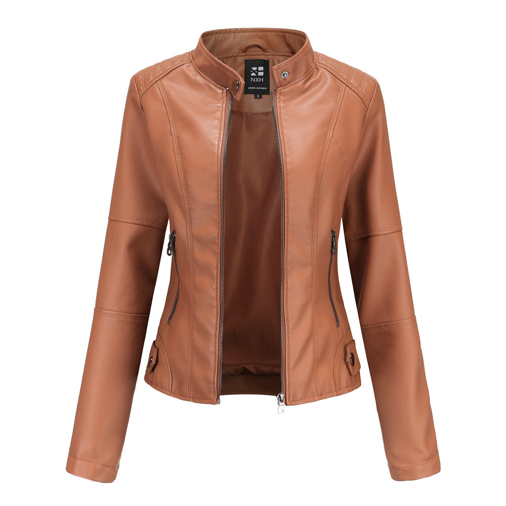 Chaqueta Cuero Mujer Cremallera Cuello Alto Color Liso