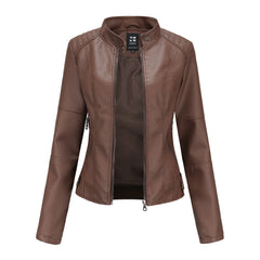 Chaqueta Cuero Mujer Cremallera Cuello Alto Color Liso