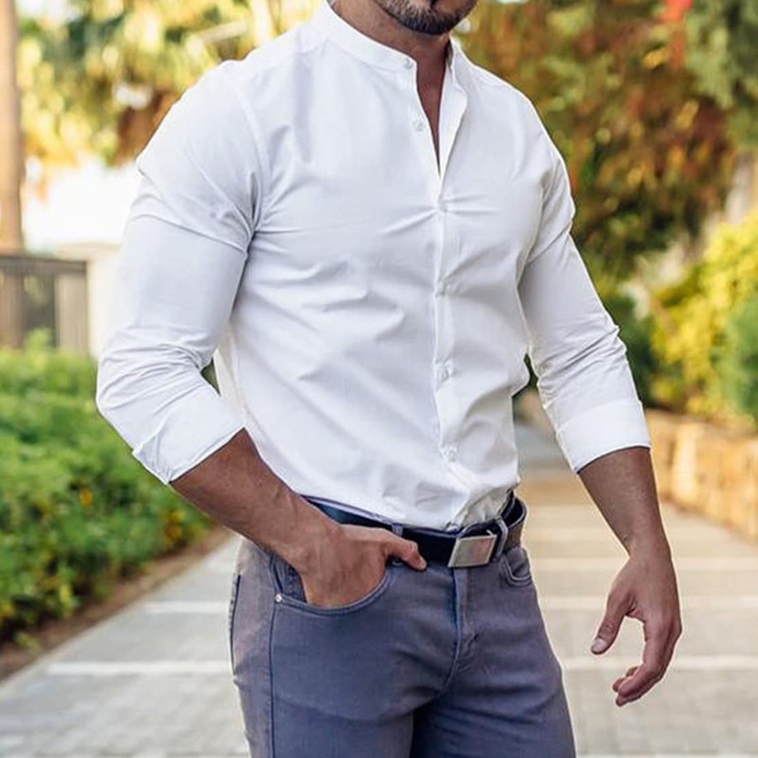 Camisa manga larga hombre casual slim fit color sólido