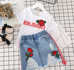 Conjunto Niña Verano - Camiseta Blanca y Falda Vaquera